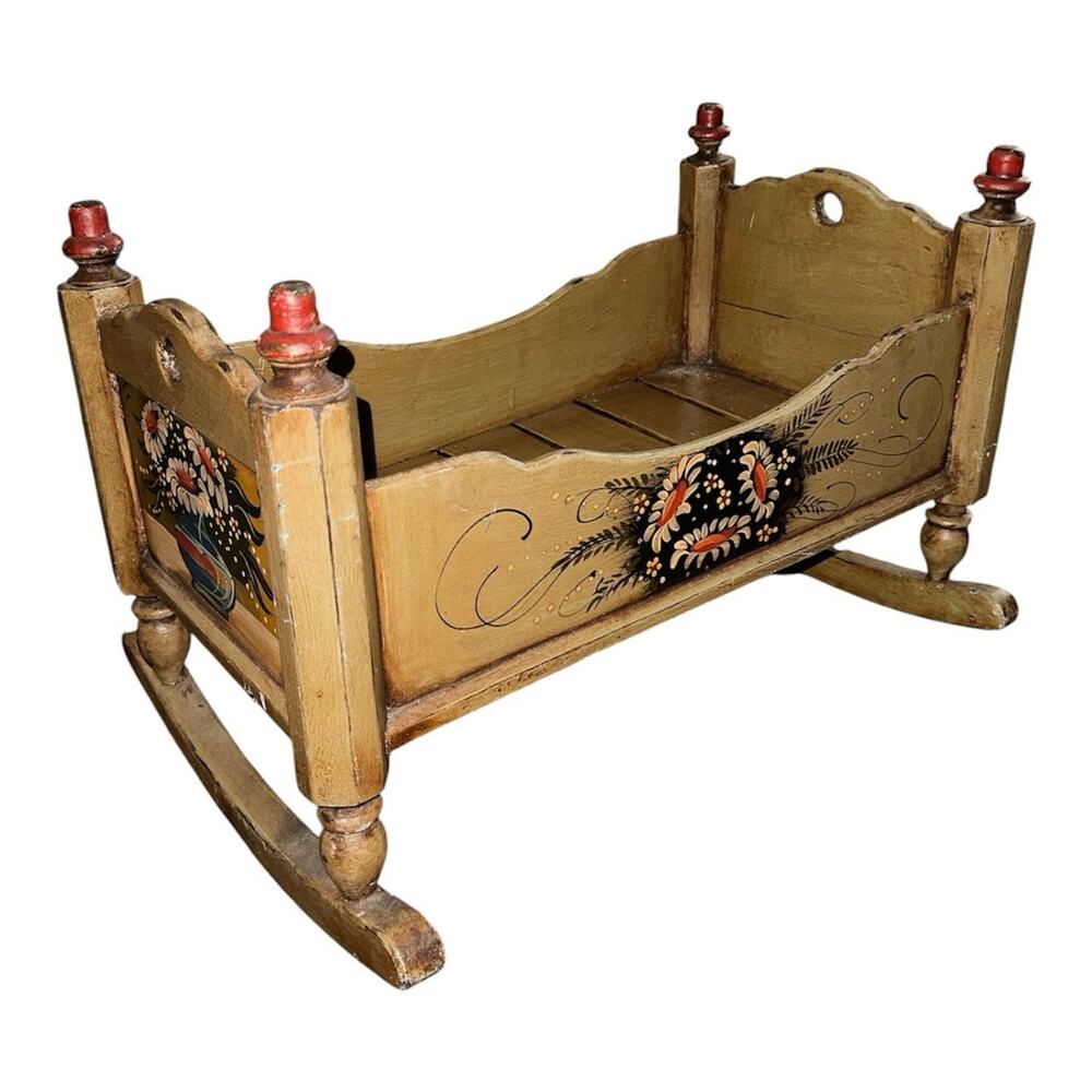 Antique Colonial Hand Painted Wooden Baby Doll Cradle Floral Large 22”x13”x15”